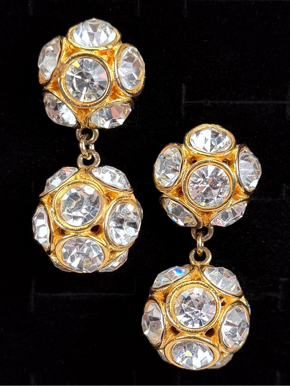 Vintage Gold Tone Rhinestone Orb Substantial Clip On Statement Earrings